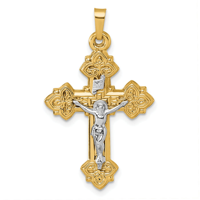 14k with White Rhodium Polished INRI Crucifix Cross Pendant-XR2183