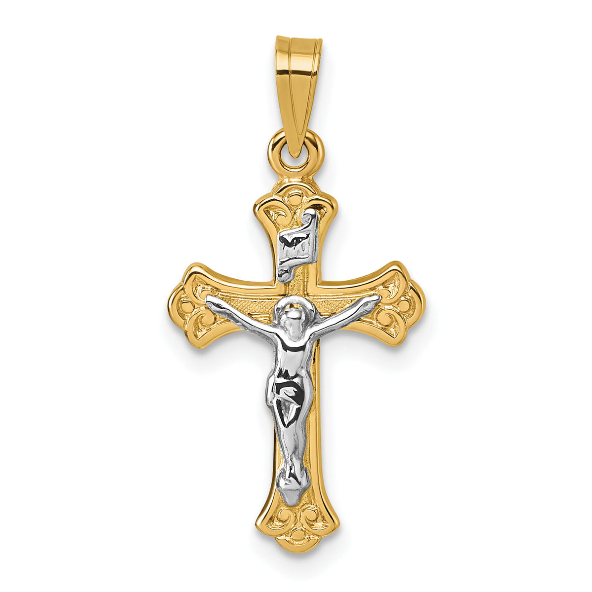 14k with White Rhodium Polished INRI Crucifix Cross Pendant-XR2184
