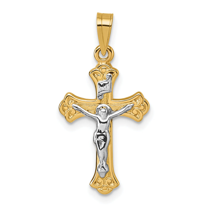 14k with White Rhodium Polished INRI Crucifix Cross Pendant-XR2184