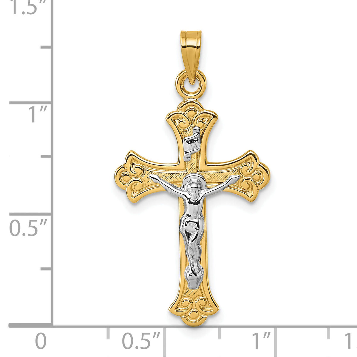 14k w/ White Rhodium Fleur de Lis INRI Crucifix Cross Pendant-XR2185