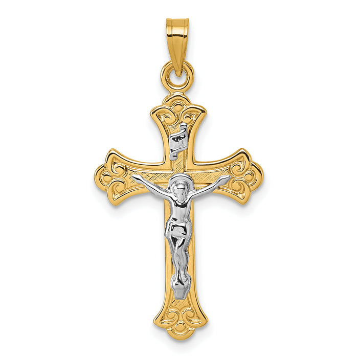 14k w/ White Rhodium Fleur de Lis INRI Crucifix Cross Pendant-XR2185