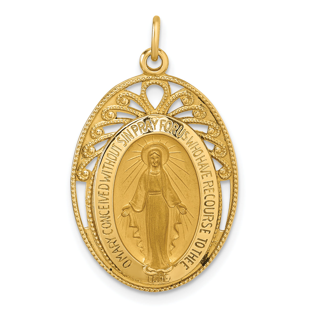 14k Polished and Satin Miraculous Medal in Frame Oval Pendant-XR2186