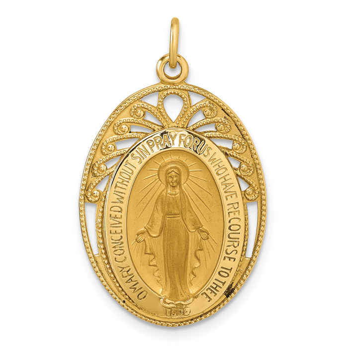 14k Polished and Satin Miraculous Medal in Frame Oval Pendant-XR2186