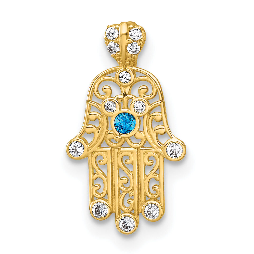 14k Polished White and Blue CZ Hamsa Chain Slide Pendant-XR2192
