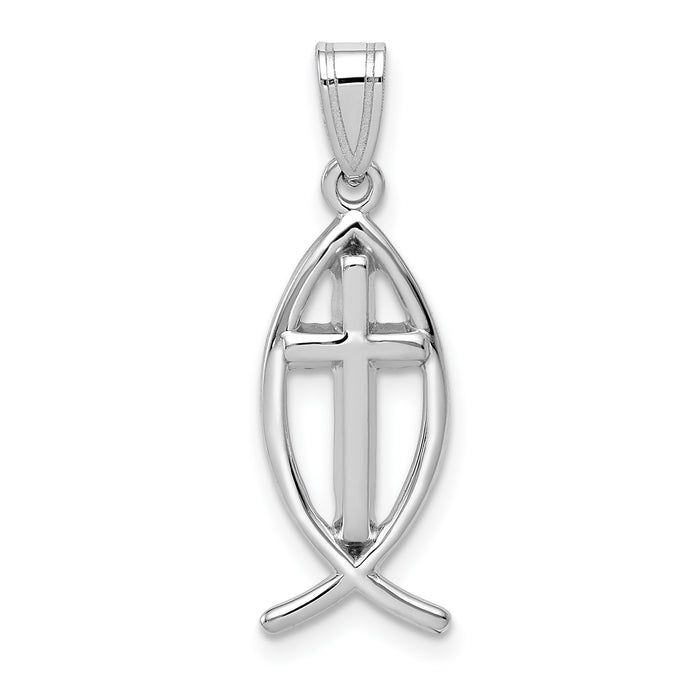 14k White Gold Cross Ichthus Fish Pendant-XR522