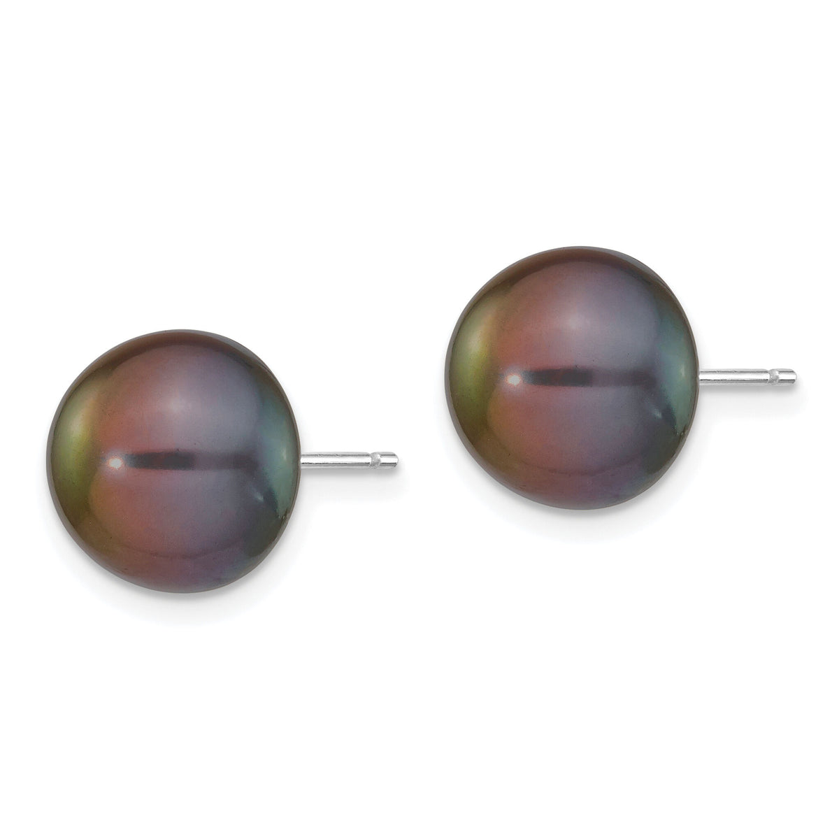14k White Gold 10-11mm Black Button FW Cultured Pearl Stud Post Earrings-XW100BB