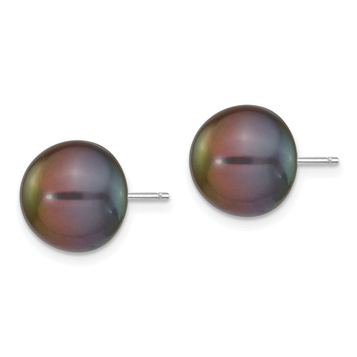 14k White Gold 10-11mm Black Button FW Cultured Pearl Stud Post Earrings-XW100BB
