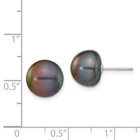 14k White Gold 10-11mm Black Button FW Cultured Pearl Stud Post Earrings-XW100BB