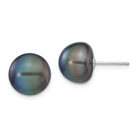 14k White Gold 10-11mm Black Button FW Cultured Pearl Stud Post Earrings-XW100BB
