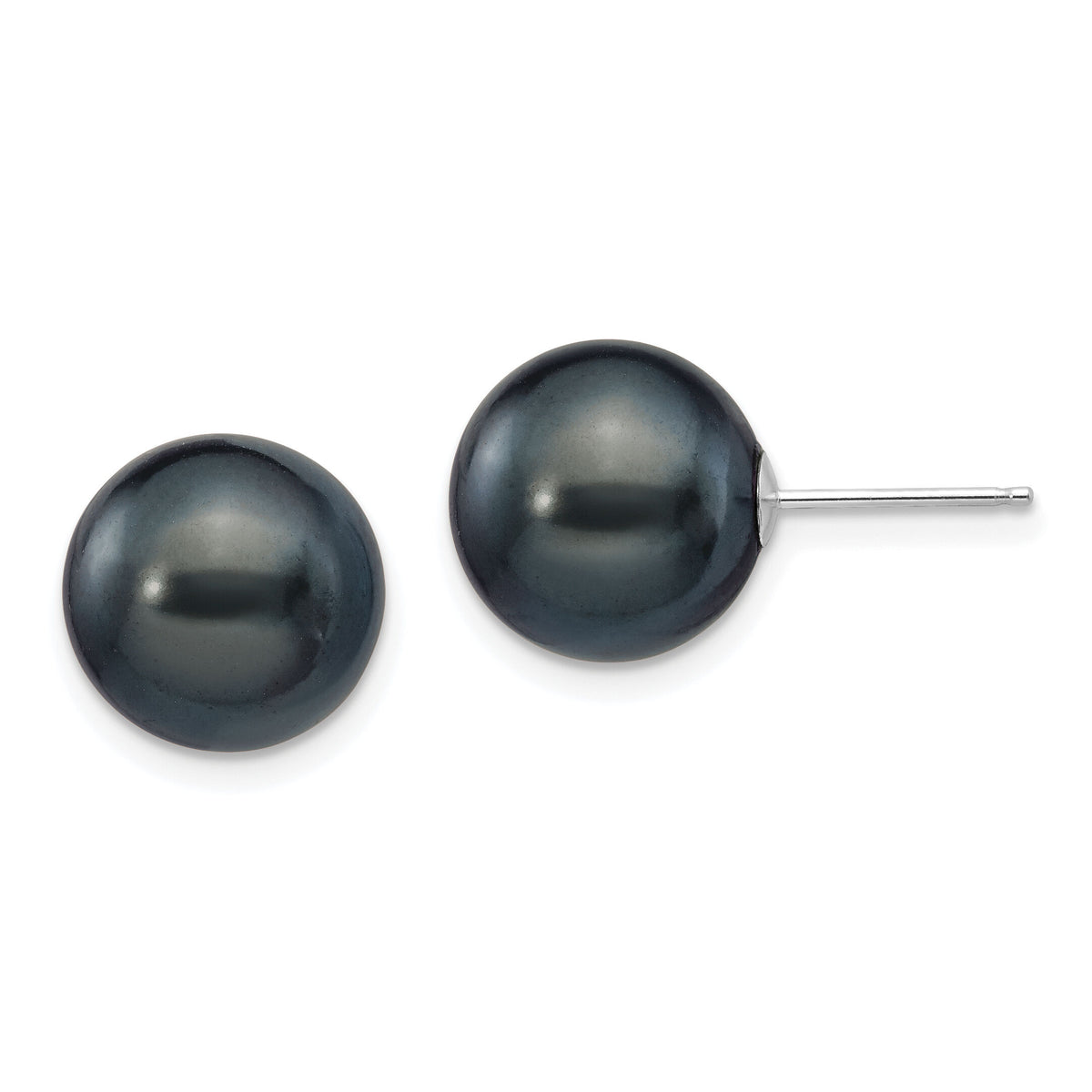 14k White Gold 10-11mm Black Round FW Cultured Pearl Stud Post Earrings-XW100PB