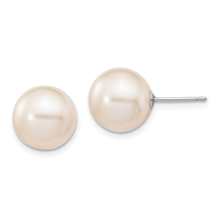 14k White Gold 10-11mm White Round FW Cultured Pearl Stud Post Earrings-XW100PW