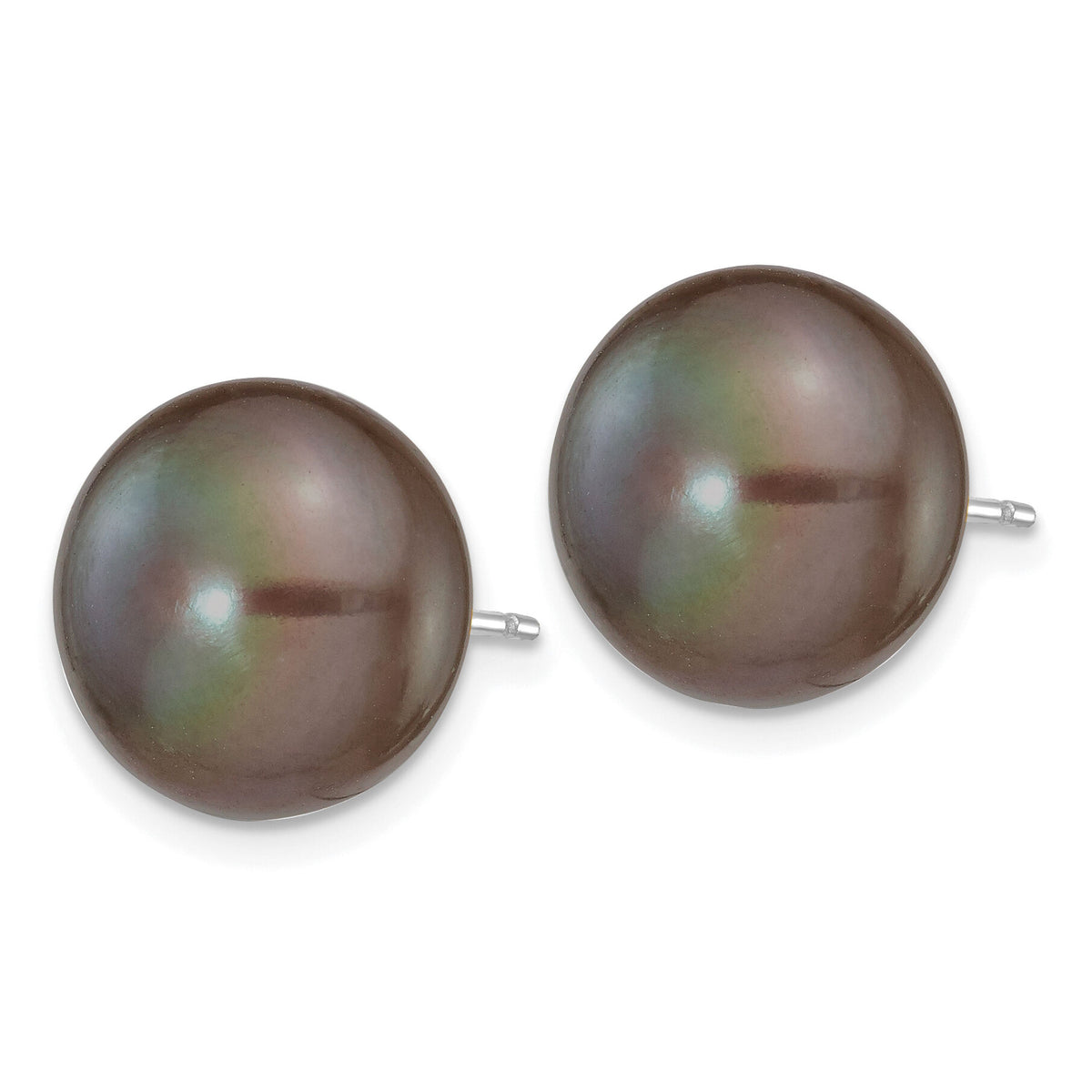 14k White Gold 11-12mm Black Button FW Cultured Pearl Stud Post Earrings-XW110BB