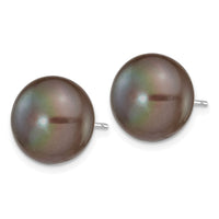 14k White Gold 11-12mm Black Button FW Cultured Pearl Stud Post Earrings-XW110BB