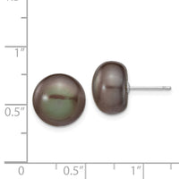 14k White Gold 11-12mm Black Button FW Cultured Pearl Stud Post Earrings-XW110BB