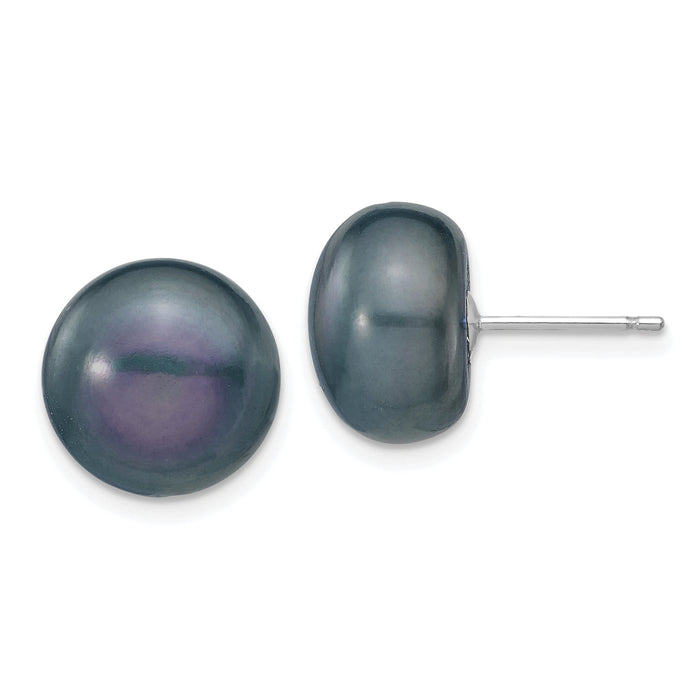 14k White Gold 11-12mm Black Button FW Cultured Pearl Stud Post Earrings-XW110BB