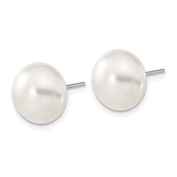 14k White Gold 11-12mm White Button FW Cultured Pearl Stud Post Earrings-XW110BW