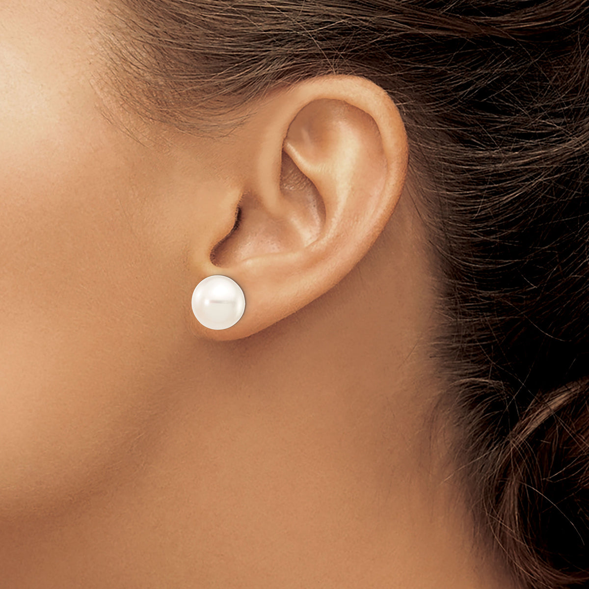 14k White Gold 11-12mm White Button FW Cultured Pearl Stud Post Earrings-XW110BW