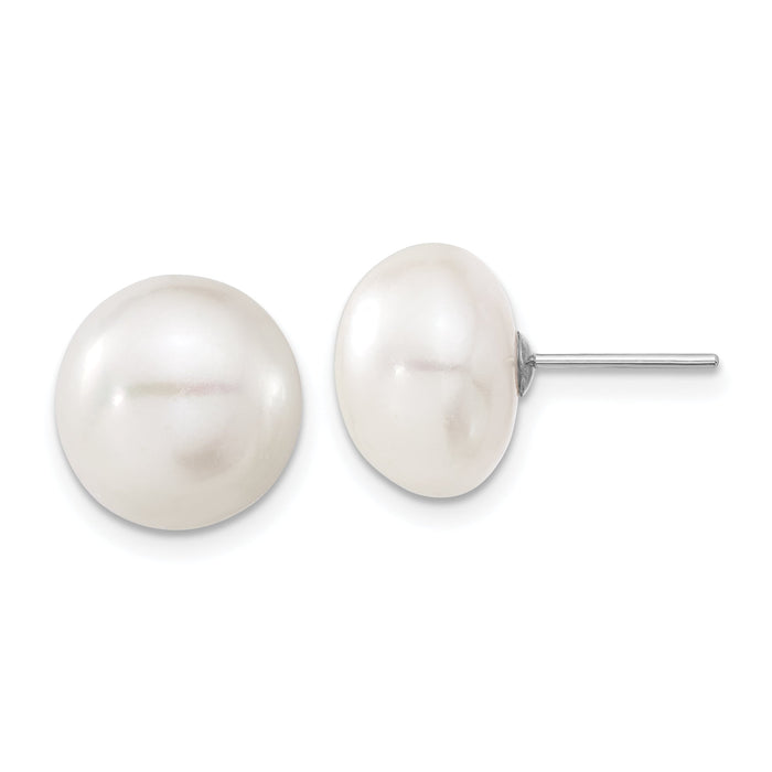 14k White Gold 11-12mm White Button FW Cultured Pearl Stud Post Earrings-XW110BW