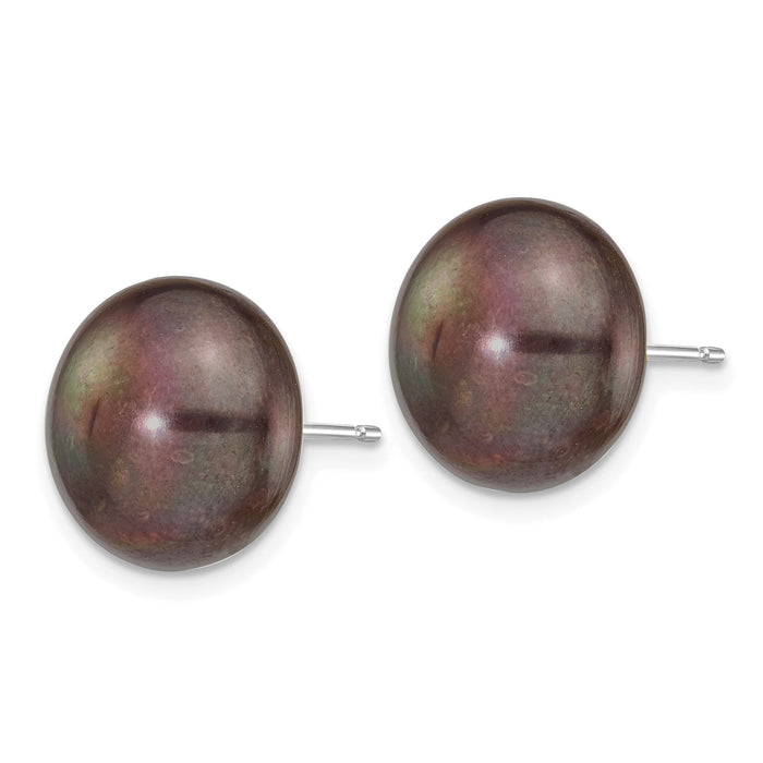 14k White Gold 12-13mm Black Button FW Cultured Pearl Stud Post Earrings-XW120BB