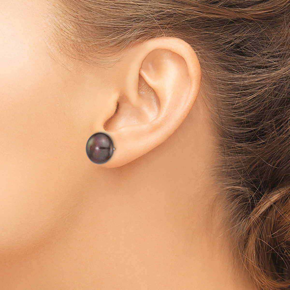 14k White Gold 12-13mm Black Button FW Cultured Pearl Stud Post Earrings-XW120BB