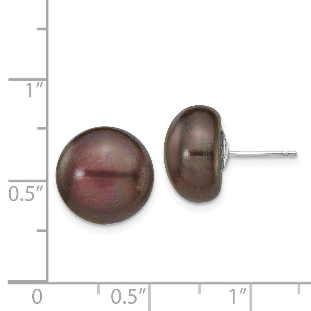 14k White Gold 12-13mm Black Button FW Cultured Pearl Stud Post Earrings-XW120BB