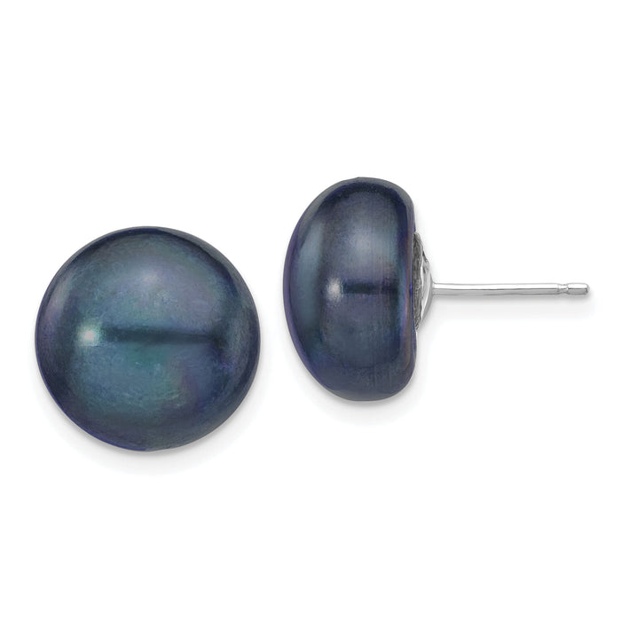14k White Gold 12-13mm Black Button FW Cultured Pearl Stud Post Earrings-XW120BB