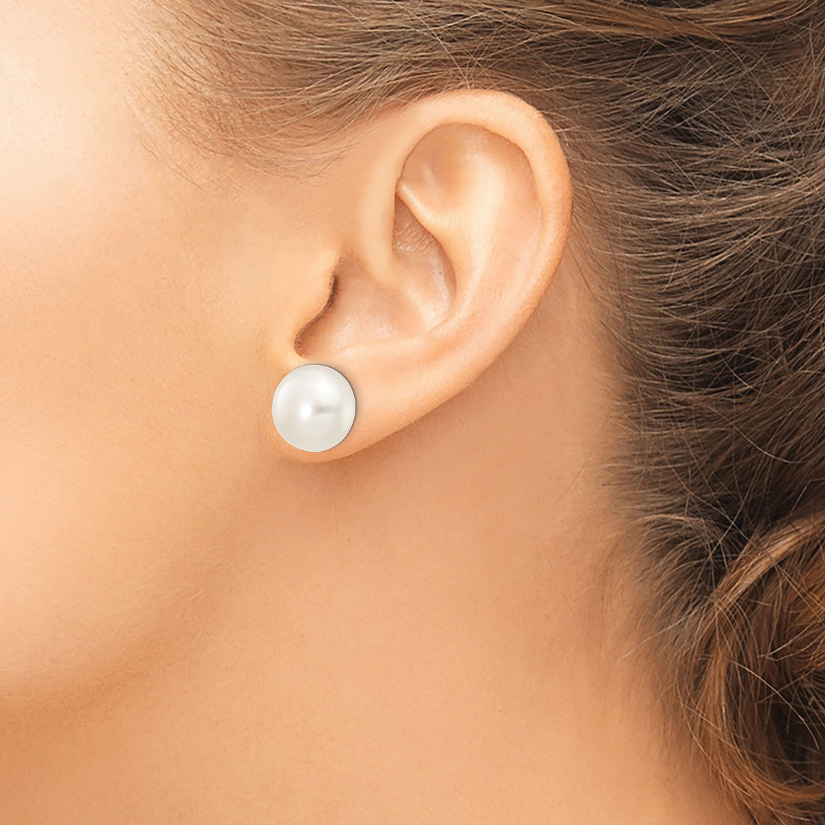 14k White Gold 12-13mm White Button FW Cultured Pearl Stud Post Earrings-XW120BW