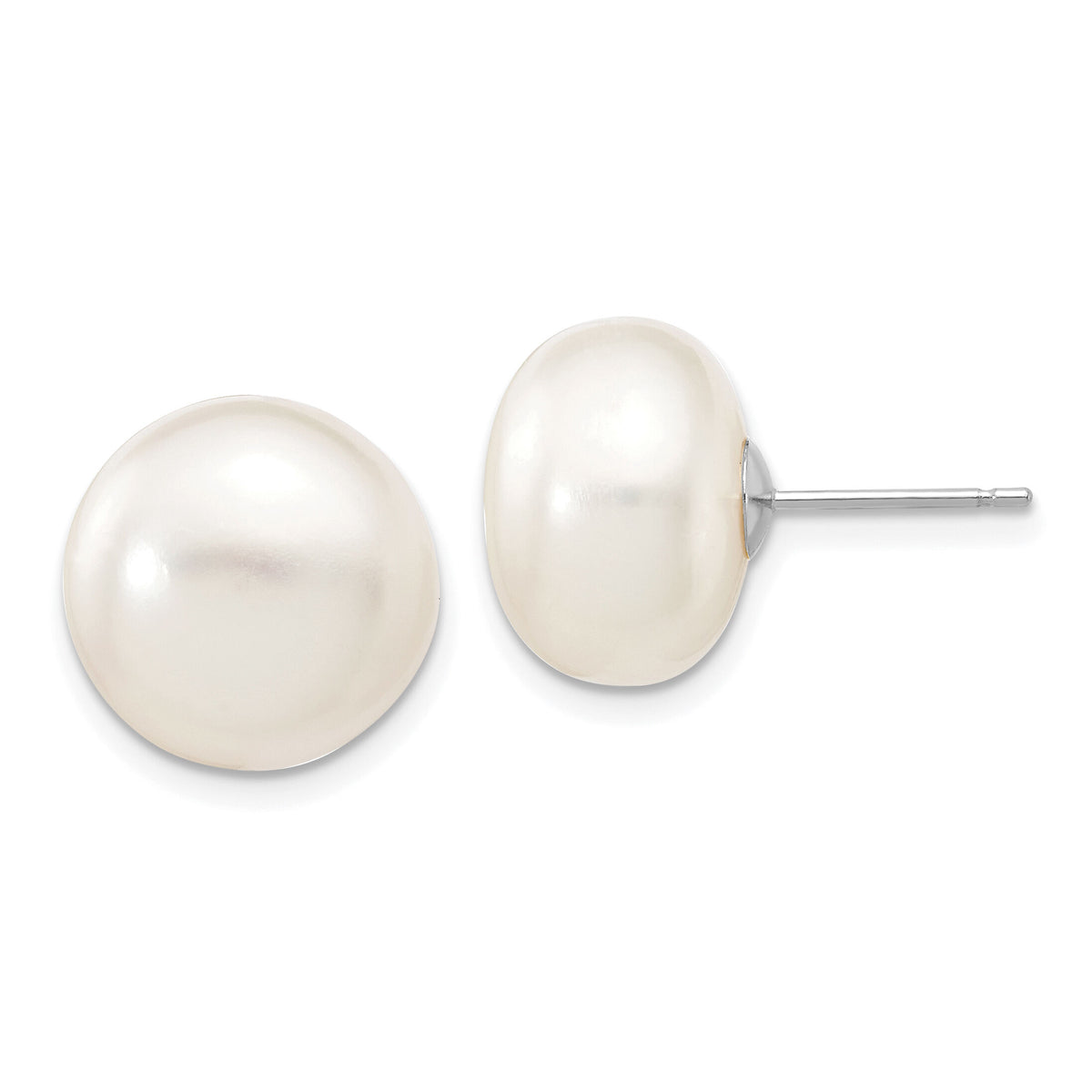 14k White Gold 12-13mm White Button FW Cultured Pearl Stud Post Earrings-XW120BW