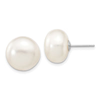 14k White Gold 12-13mm White Button FW Cultured Pearl Stud Post Earrings-XW120BW