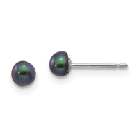 14k White Gold 3-4mm Black Button FW Cultured Pearl Stud Post Earrings-XW30BB