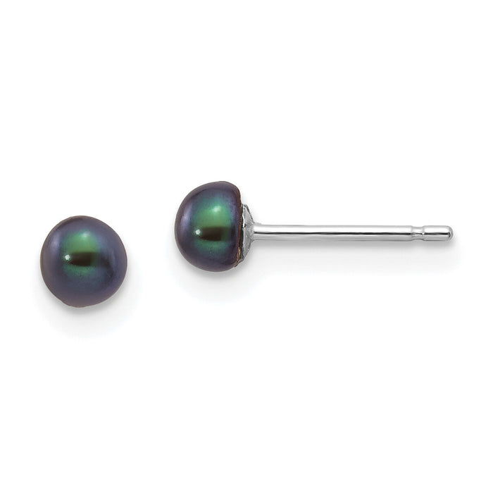 14k White Gold 3-4mm Black Button FW Cultured Pearl Stud Post Earrings-XW30BB