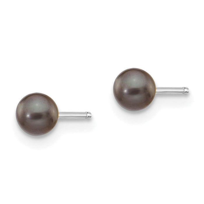 14k White Gold 3-4mm Black Round FW Cultured Pearl Stud Post Earrings-XW30PB