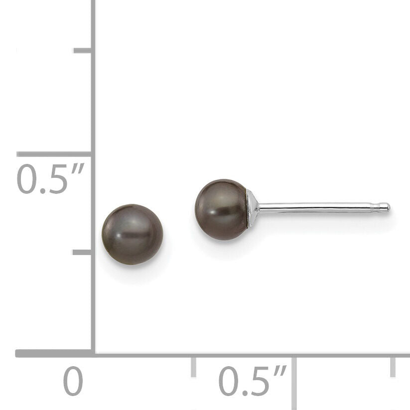 14k White Gold 3-4mm Black Round FW Cultured Pearl Stud Post Earrings-XW30PB