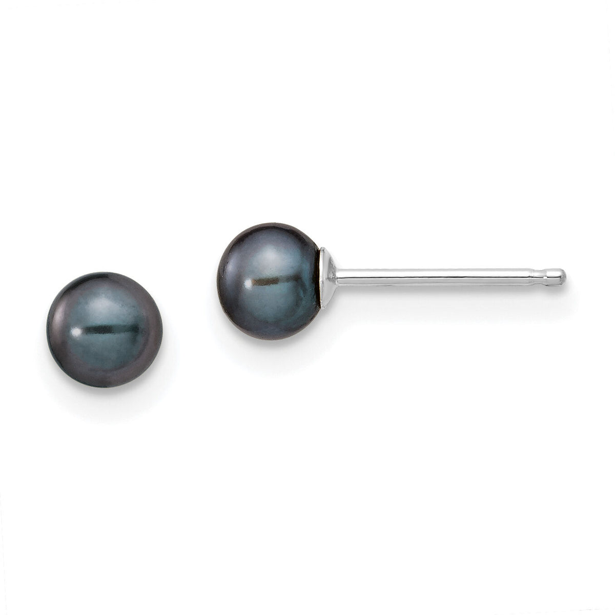 14k White Gold 4-5mm Black Round FW Cultured Pearl Stud Post Earrings-XW40PB