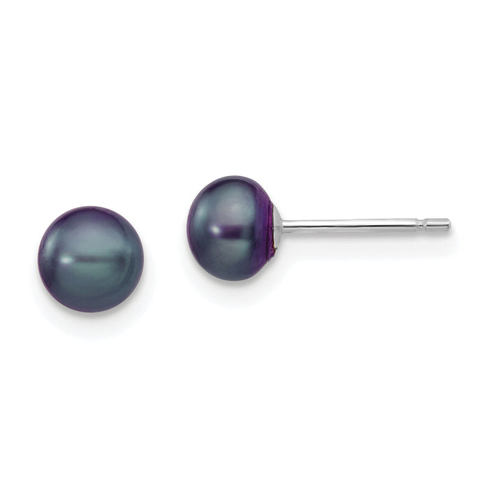 14k White Gold 5-6mm Black Button FW Cultured Pearl Stud Post Earrings-XW50BB