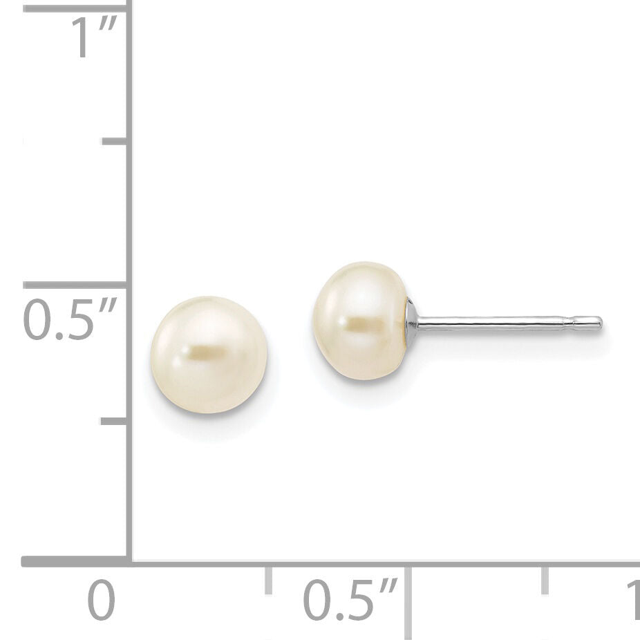 14k White Gold 5-6mm White Button FW Cultured Pearl Stud Post Earrings-XW50BW