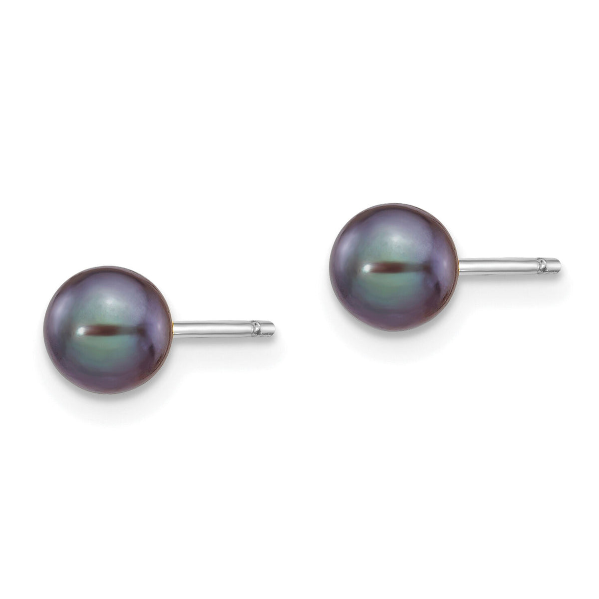 14k White Gold 5-6mm Black Round FW Cultured Pearl Stud Post Earrings-XW50PB