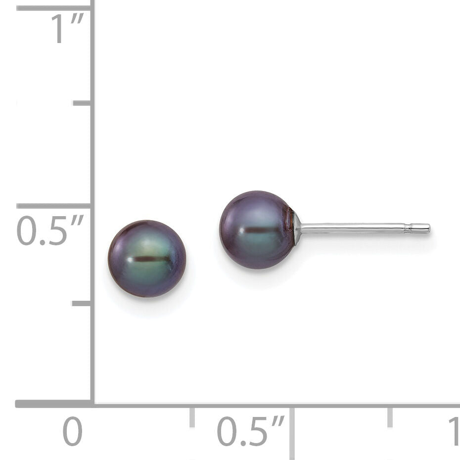 14k White Gold 5-6mm Black Round FW Cultured Pearl Stud Post Earrings-XW50PB