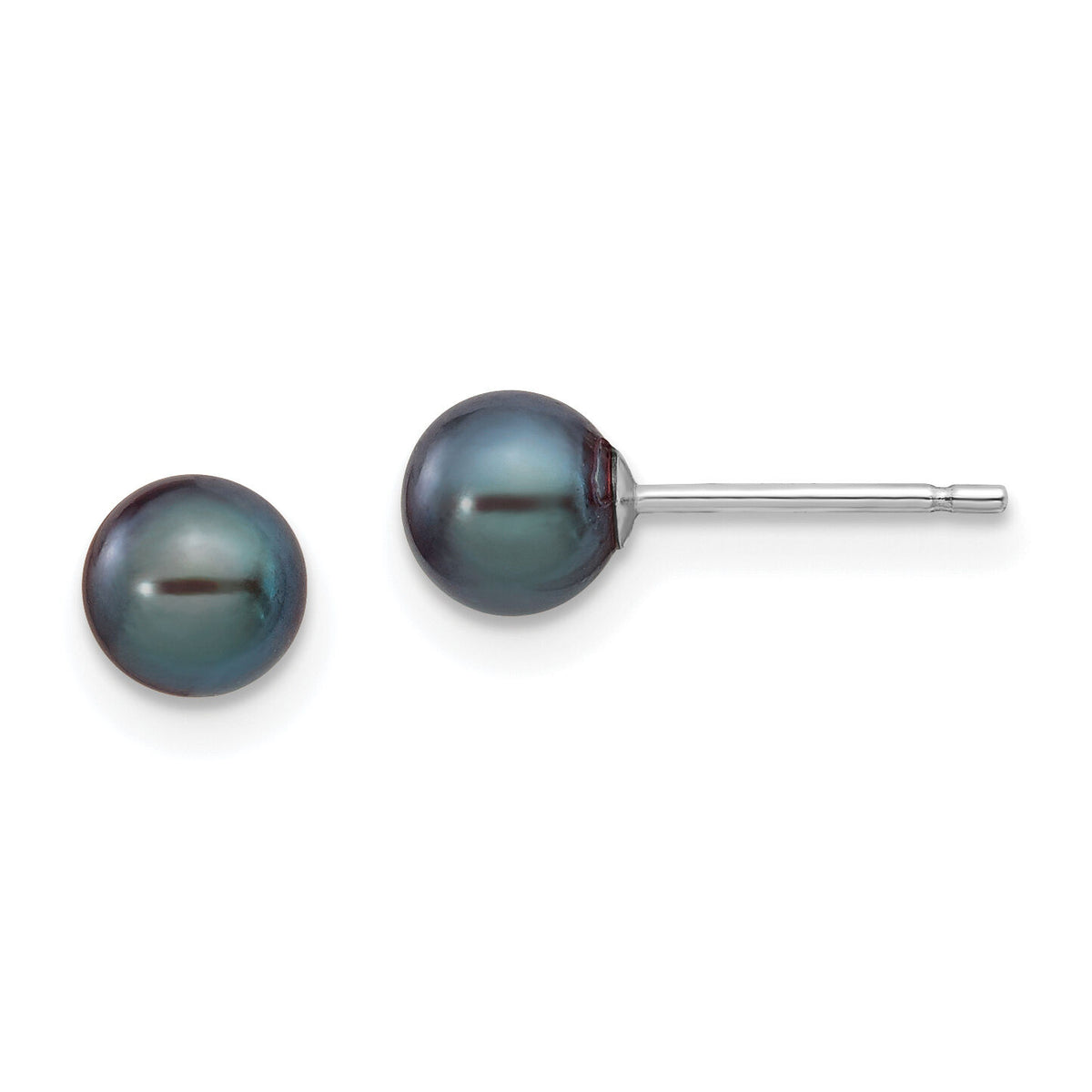 14k White Gold 5-6mm Black Round FW Cultured Pearl Stud Post Earrings-XW50PB