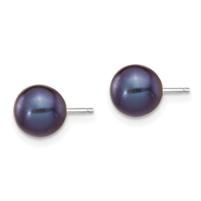 14k White Gold 6-7mm Black Round FW Cultured Pearl Stud Post Earrings-XW60PB