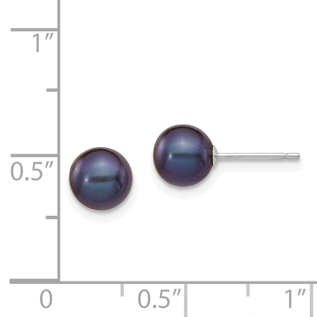 14k White Gold 6-7mm Black Round FW Cultured Pearl Stud Post Earrings-XW60PB