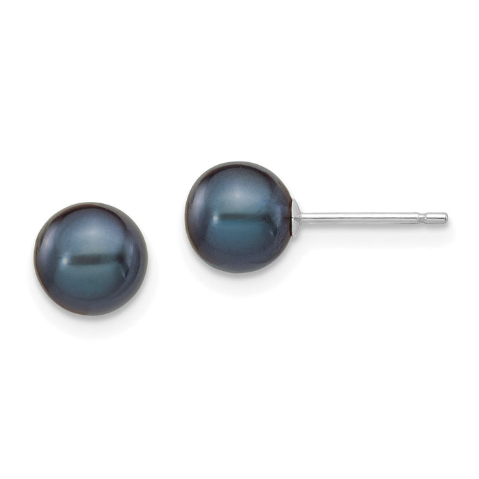 14k White Gold 6-7mm Black Round FW Cultured Pearl Stud Post Earrings-XW60PB