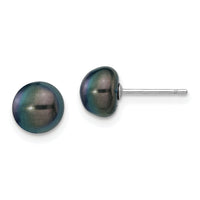 14k White Gold 7-8mm Black Button FW Cultured Pearl Stud Post Earrings-XW70BB