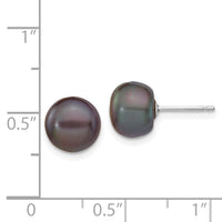 14k White Gold 8-9mm Black Button FW Cultured Pearl Stud Post Earrings-XW80BB