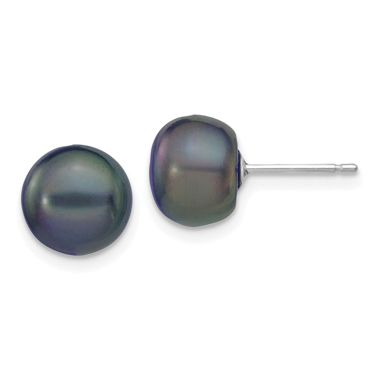 14k White Gold 8-9mm Black Button FW Cultured Pearl Stud Post Earrings-XW80BB