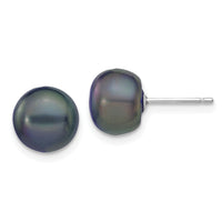 14k White Gold 8-9mm Black Button FW Cultured Pearl Stud Post Earrings-XW80BB