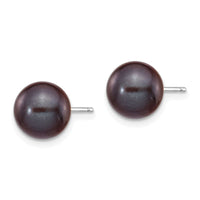 14k White Gold 8-9mm Black Round FW Cultured Pearl Stud Post Earrings-XW80PB