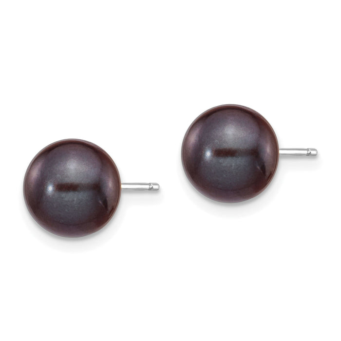 14k White Gold 8-9mm Black Round FW Cultured Pearl Stud Post Earrings-XW80PB