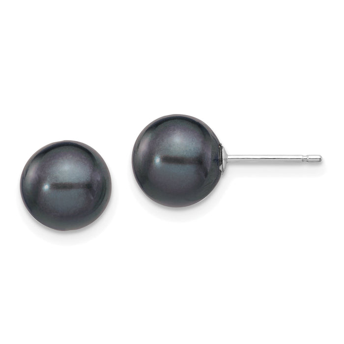 14k White Gold 8-9mm Black Round FW Cultured Pearl Stud Post Earrings-XW80PB