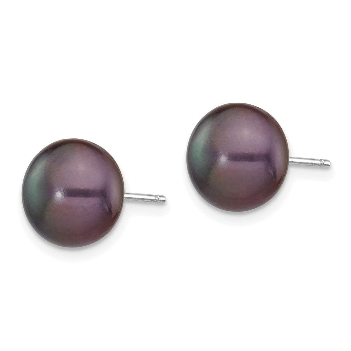 14k White Gold 9-10mm Black Button FW Cultured Pearl Stud Post Earrings-XW90BB